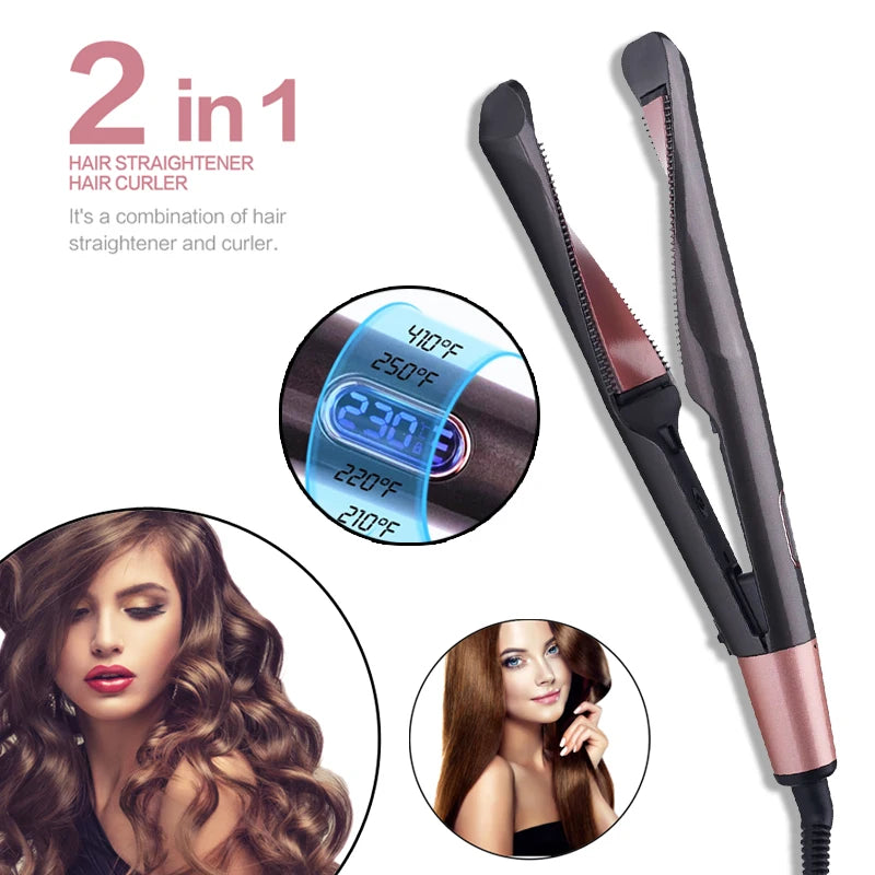 Professional Spiral Wave Curl And Straight Iron Styling Tools 2 in 1 Hair Curler & Straightener Twisted Ionic Flat Iron Styler