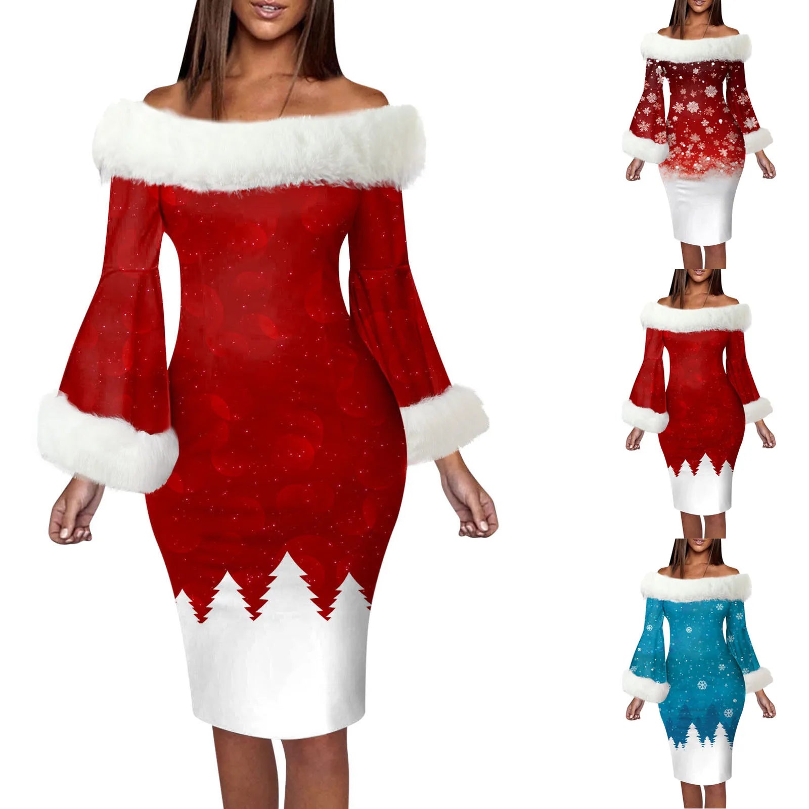 Winter Women Christmas Dress Elegant Off Shoulder Faux Fur Collar Midi Party Evening Dress Xmas New Year Festival Vestido Navida