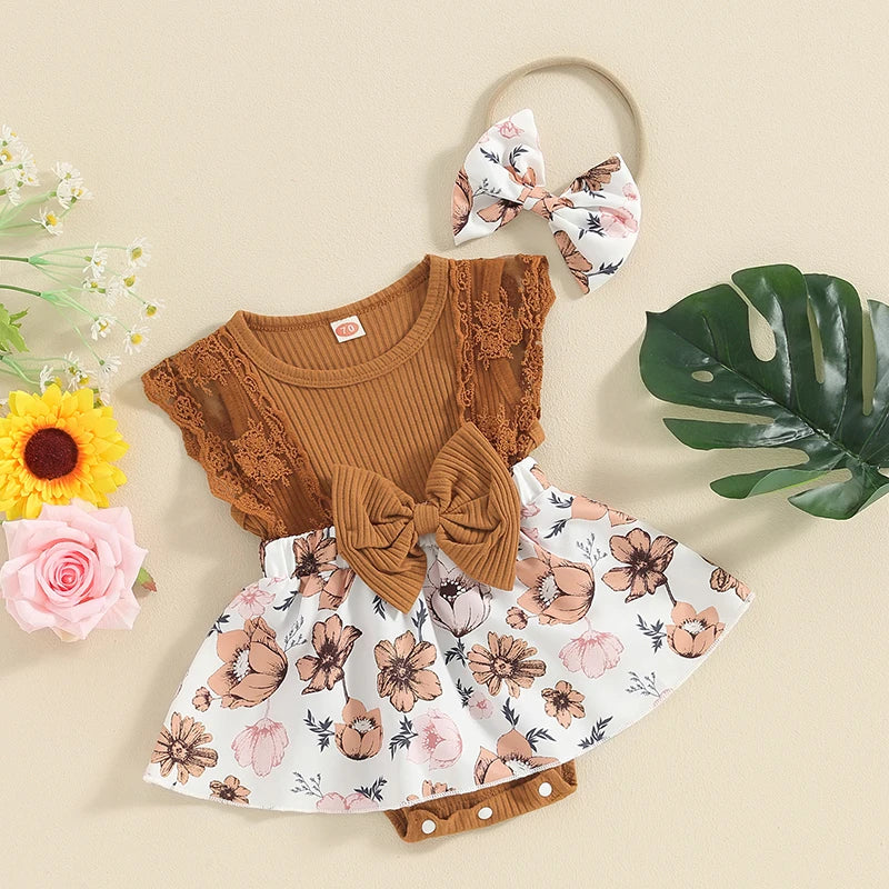 Pudcoco Baby Girl Summer Jumpsuit Floral Print Lace Patchwork Romper Dress and Headband Set Cute Fashion Clothes Outfits 0-18M