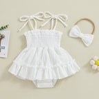 Lioraitiin Newborn Baby Girls Romper Dress Summer Clothes Sleeveless Solid Color Tie Up Spaghetti Strap Jumpsuit With Headband