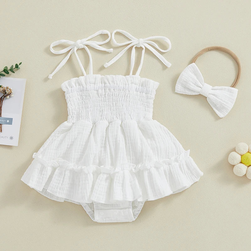 Lioraitiin Newborn Baby Girls Romper Dress Summer Clothes Sleeveless Solid Color Tie Up Spaghetti Strap Jumpsuit With Headband
