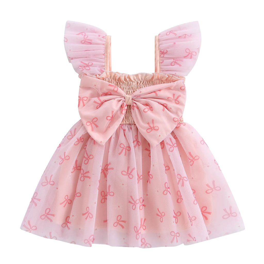 Pudcoco Toddler Kids Baby Girls Summer Tulle Dress Flying Sleeve Big Bow Decorated A-line Sweet Dresses 6M-4T