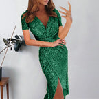 Sexy Deep V Sequins Wrap Dress Womens Ruched Short Sleeve Formal Party Dresses Sparkly Evening Gown Wedding Guest Dress Vestidos