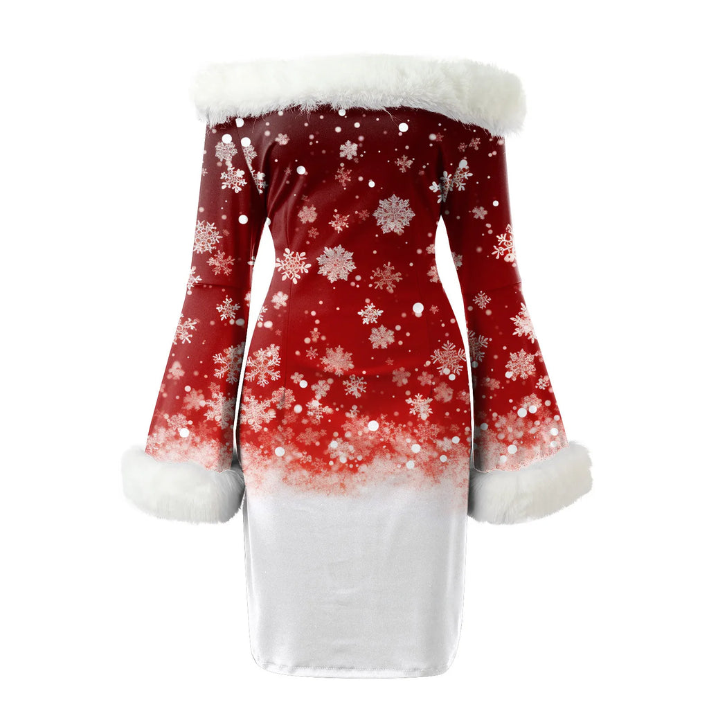 Winter Women Christmas Dress Elegant Off Shoulder Faux Fur Collar Midi Party Evening Dress Xmas New Year Festival Vestido Navida