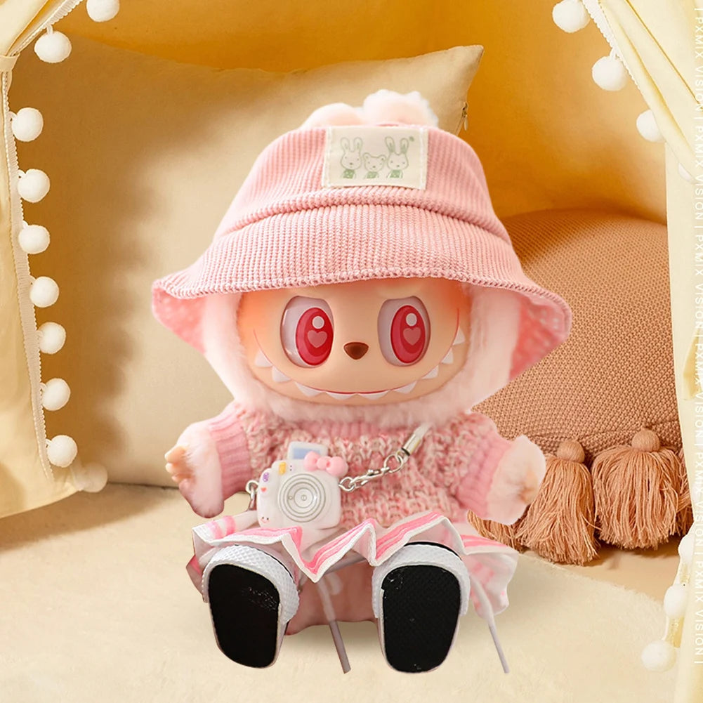 Mini Doll Outfit Cute Plush Sweater with Camera&Shoes Soft Knitted Sweater Suit Kawaii Bear Dress Set for Toy Collector(NO Doll
