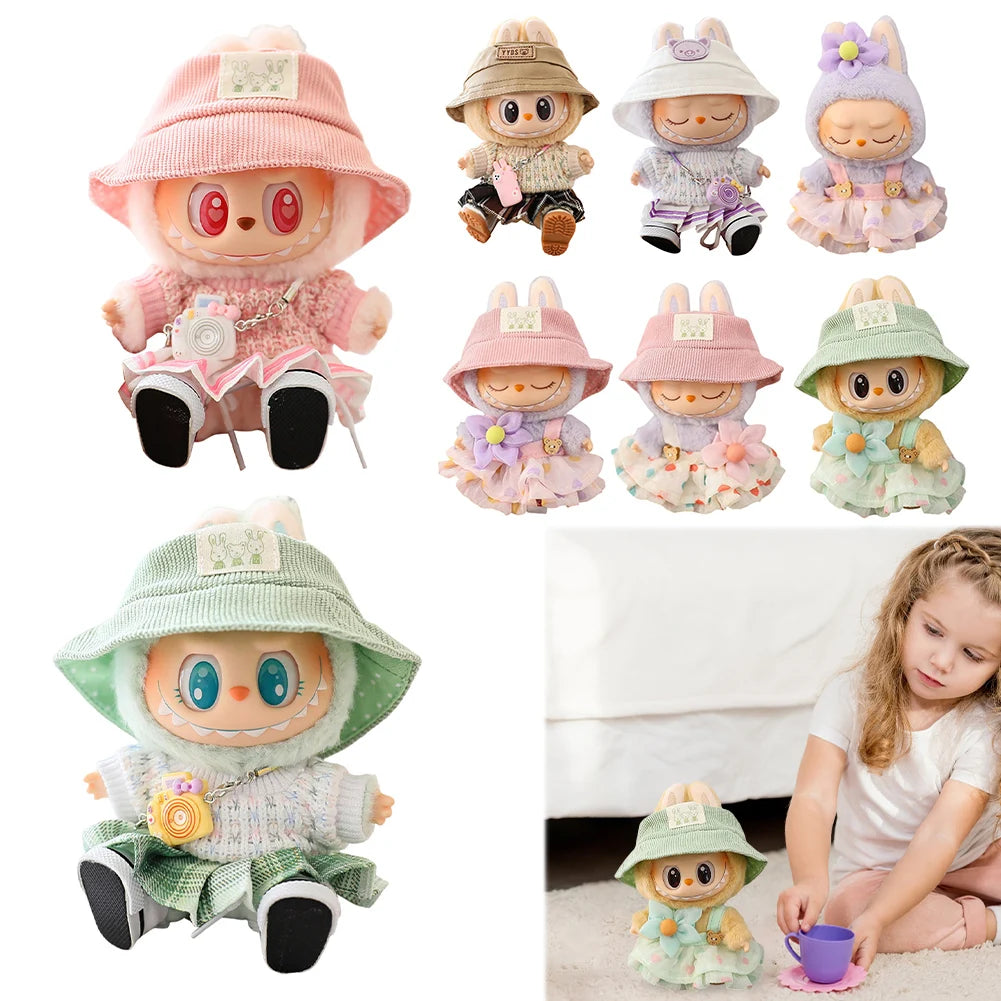 Mini Doll Outfit Cute Plush Sweater with Camera&Shoes Soft Knitted Sweater Suit Kawaii Bear Dress Set for Toy Collector(NO Doll