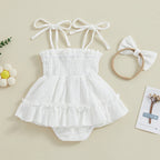 Lioraitiin Newborn Baby Girls Romper Dress Summer Clothes Sleeveless Solid Color Tie Up Spaghetti Strap Jumpsuit With Headband