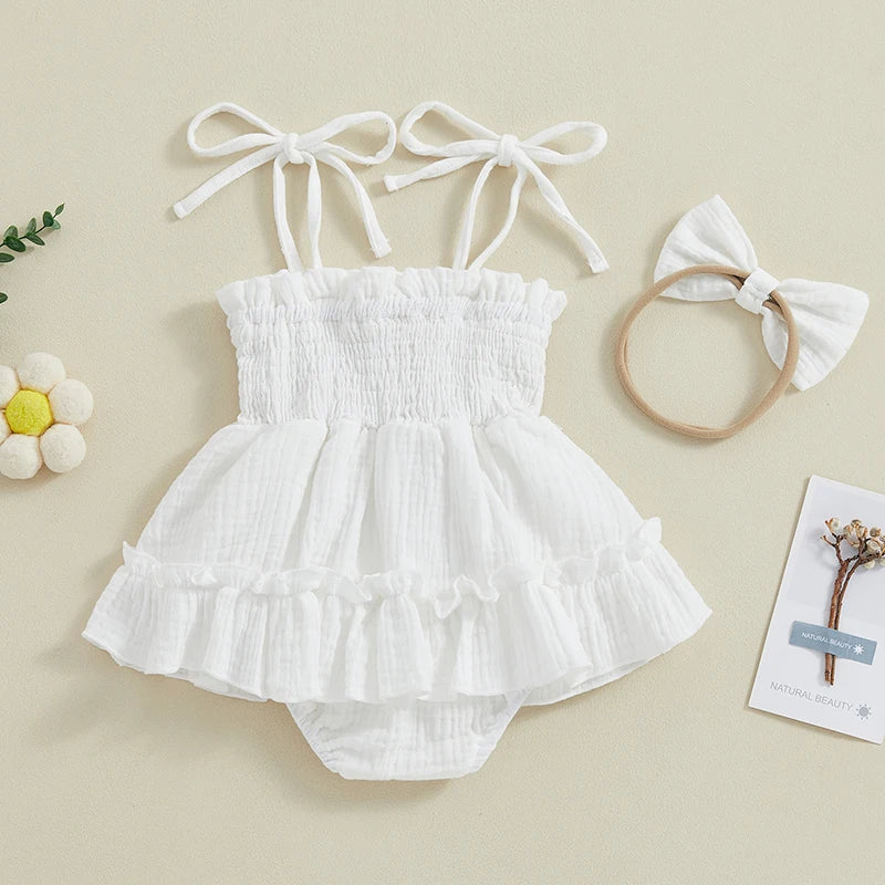 Lioraitiin Newborn Baby Girls Romper Dress Summer Clothes Sleeveless Solid Color Tie Up Spaghetti Strap Jumpsuit With Headband