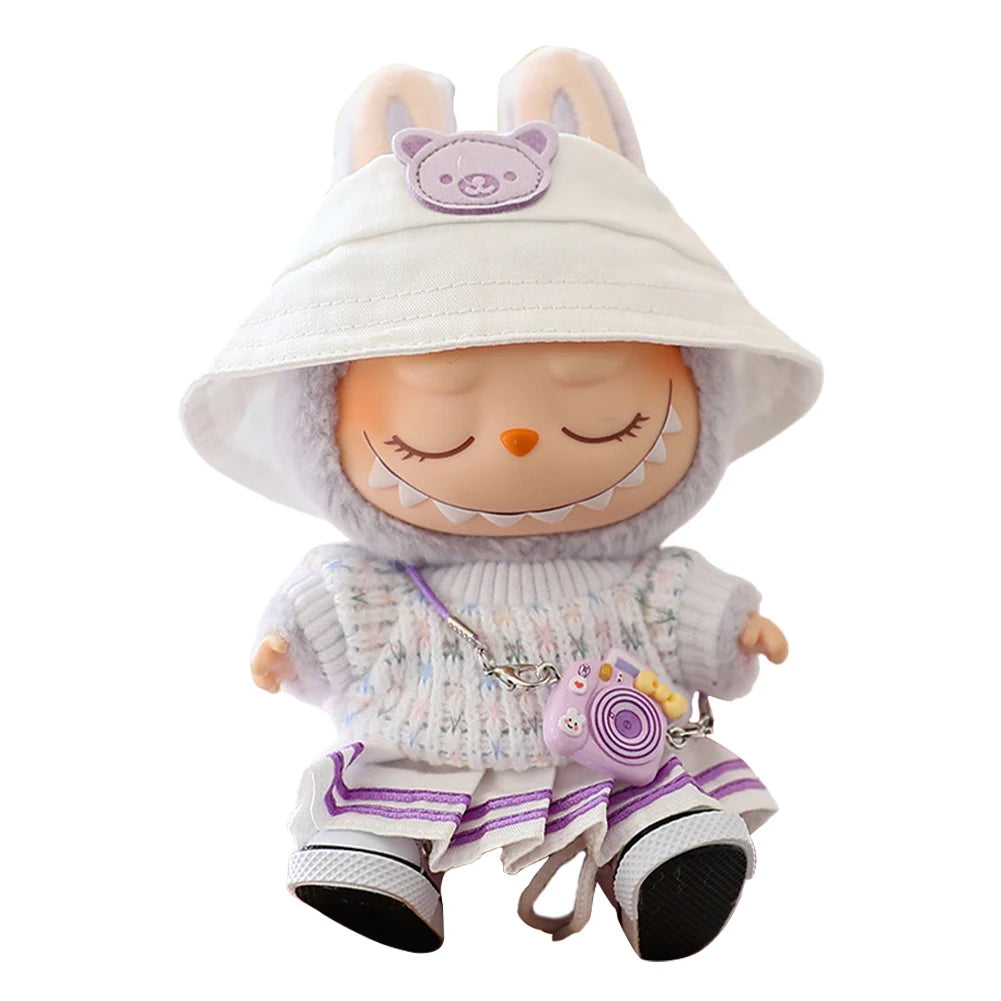 Mini Doll Outfit Cute Plush Sweater with Camera&Shoes Soft Knitted Sweater Suit Kawaii Bear Dress Set for Toy Collector(NO Doll