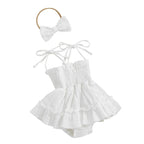 Lioraitiin Newborn Baby Girls Romper Dress Summer Clothes Sleeveless Solid Color Tie Up Spaghetti Strap Jumpsuit With Headband
