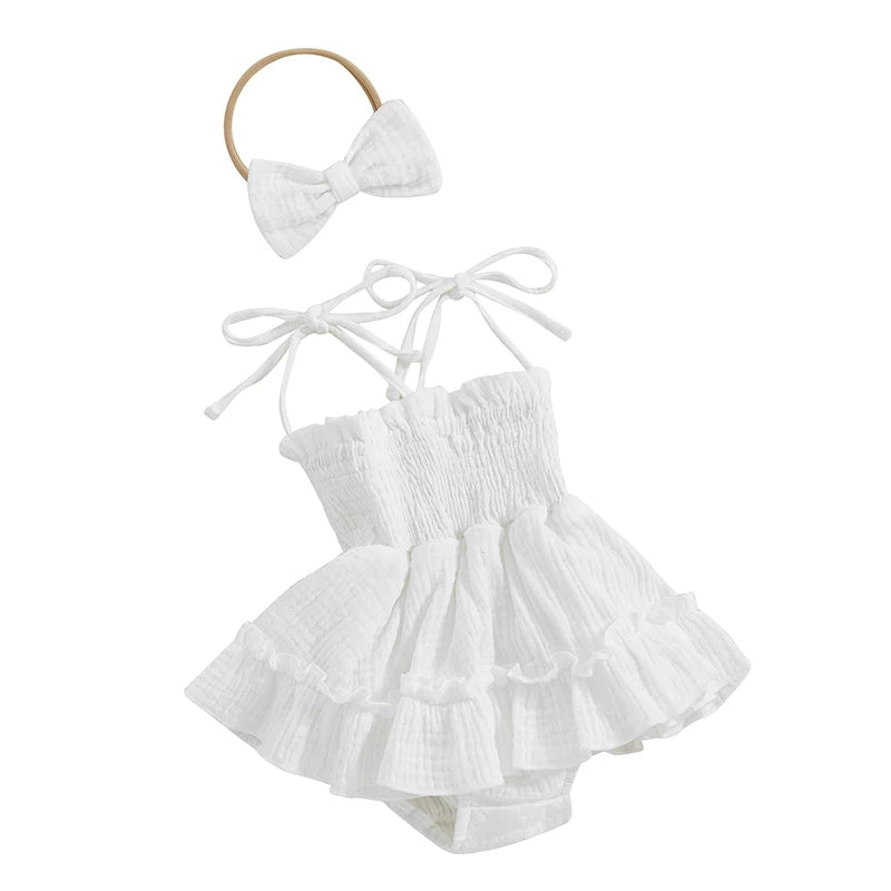 Lioraitiin Newborn Baby Girls Romper Dress Summer Clothes Sleeveless Solid Color Tie Up Spaghetti Strap Jumpsuit With Headband
