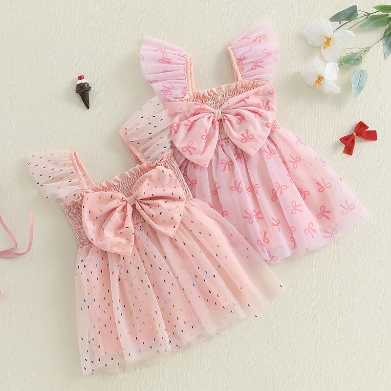 Pudcoco Toddler Kids Baby Girls Summer Tulle Dress Flying Sleeve Big Bow Decorated A-line Sweet Dresses 6M-4T