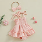 Lioraitiin Newborn Baby Girls Romper Dress Summer Clothes Sleeveless Solid Color Tie Up Spaghetti Strap Jumpsuit With Headband