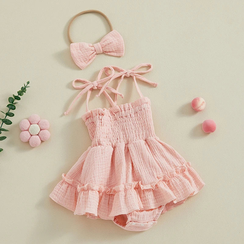 Lioraitiin Newborn Baby Girls Romper Dress Summer Clothes Sleeveless Solid Color Tie Up Spaghetti Strap Jumpsuit With Headband