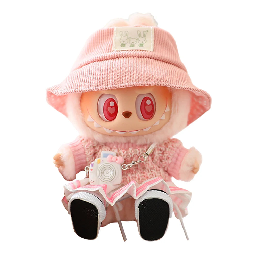 Mini Doll Outfit Cute Plush Sweater with Camera&Shoes Soft Knitted Sweater Suit Kawaii Bear Dress Set for Toy Collector(NO Doll