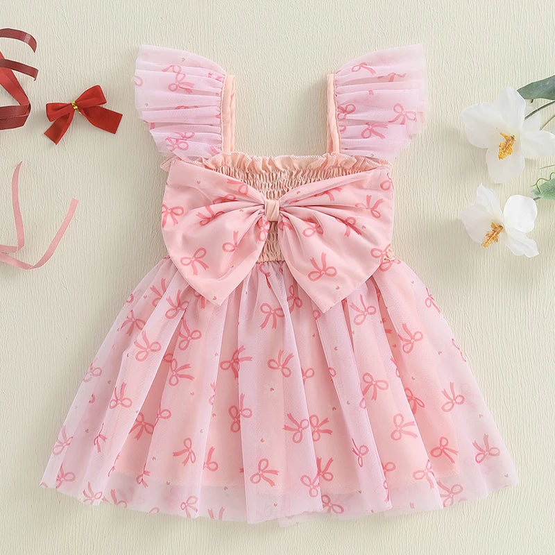 Pudcoco Toddler Kids Baby Girls Summer Tulle Dress Flying Sleeve Big Bow Decorated A-line Sweet Dresses 6M-4T