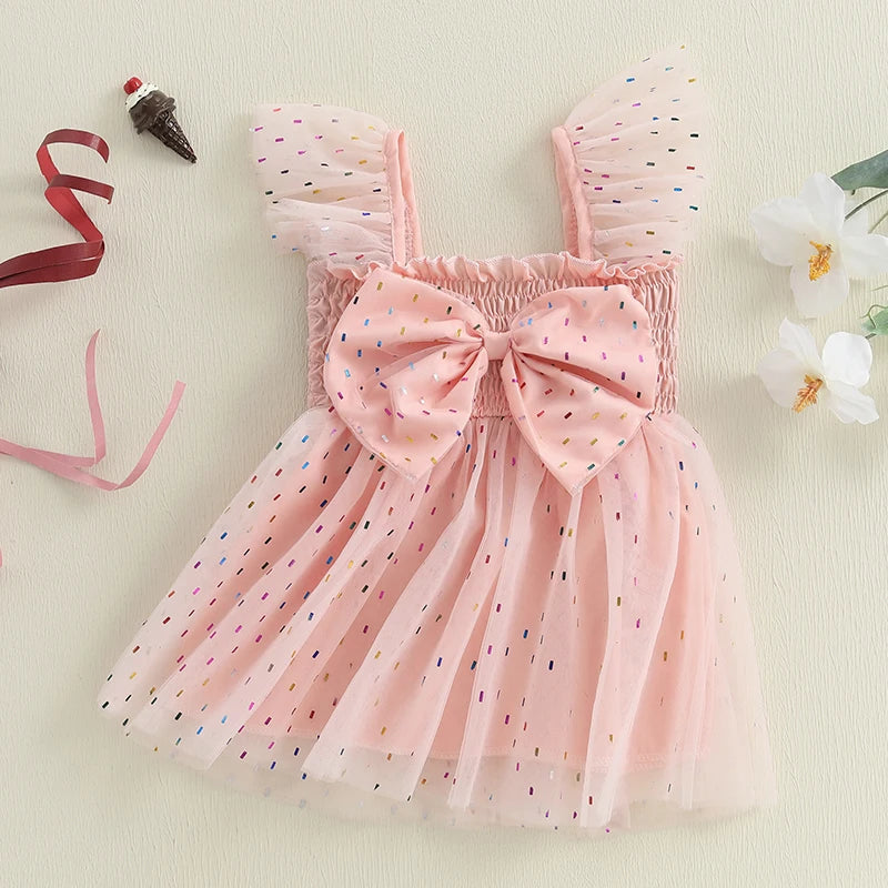 Pudcoco Toddler Kids Baby Girls Summer Tulle Dress Flying Sleeve Big Bow Decorated A-line Sweet Dresses 6M-4T